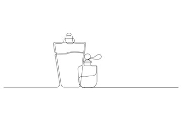 Perfume bottles continuous line art drawing. Cosmetics concept background in doodle style.