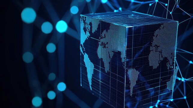 3D cubic representation of the world map with network connections on a dark background.