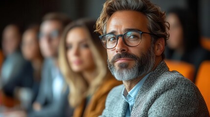 Obraz premium business seminar indoors with an engaged audience of professionals various expressions of focus and interest fill the room highlighting the importance of collaboration and learning