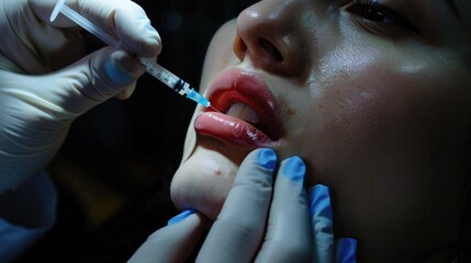 A beautiful model with flawless skin receiving lip filler injections from a doctor