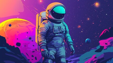 Astronaut exploring vibrant outer space with colorful planets and stars.