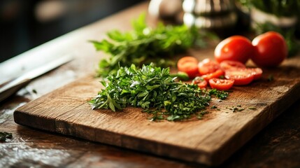 Fresh herbs and tomatoes on a wooden cutting board, ready for cooking.