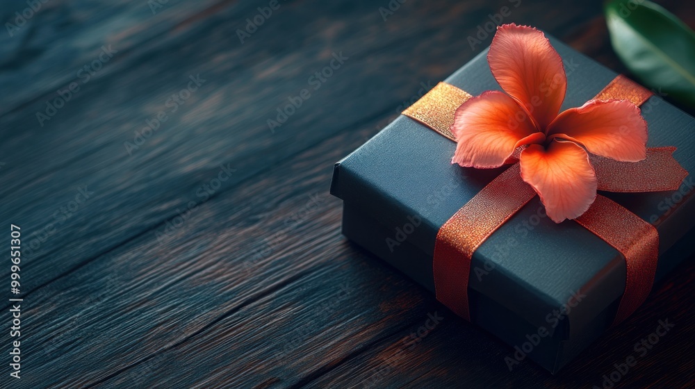 Wall mural A beautifully wrapped gift box adorned with an orange flower on a wooden surface.