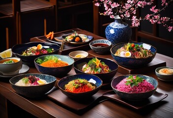 beautifully arranged vibrant asian dishes colorful bowls showcasing diverse ingredients rich culinary traditions, cuisine, vegetables, herbs, rice, noodles