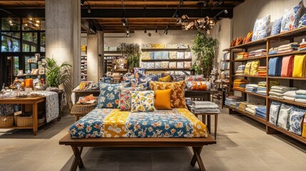 A vibrant home decor store showcasing colorful textiles and furnishings for interior design.