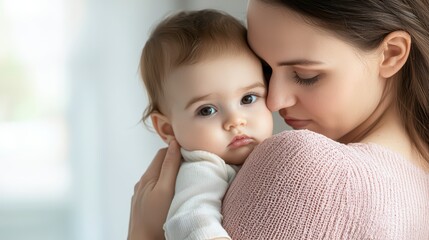 A loving mother holds her adorable baby close, sharing a tender moment of affection indoors.