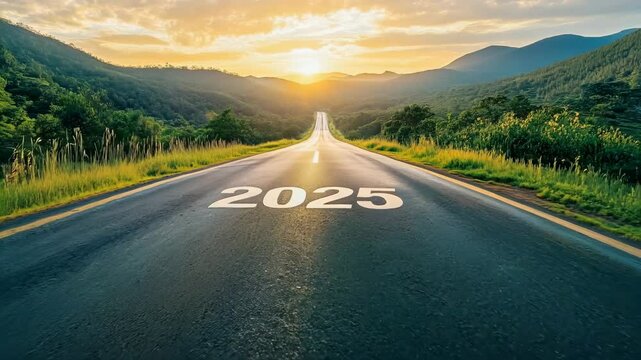 Road to new year 2025 has written on the road.