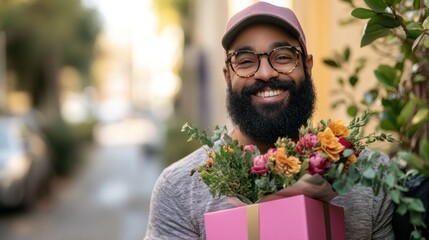 A smiling man holds a gift box with flowers, celebrating a joyful moment outdoors.