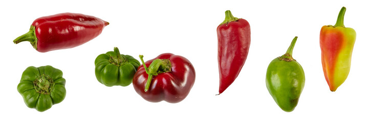 set collection of many different parika chilis in red yellow and green, isolated on white or transparent png