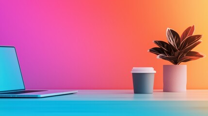 A stylish workspace with a laptop, coffee cup, and a decorative plant against a colorful gradient background.