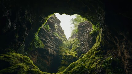 A stunning view from inside a cave, showcasing moss-covered walls and a bright light illuminating the opening.
