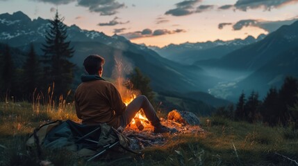 Fototapeta premium Man Enjoys Campfire with Mountain View