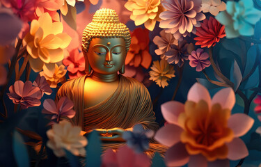 A glowing golden Buddha statue, surrounded by multicolor paper cut flowers against a nature background, suitable for use as wallpaper