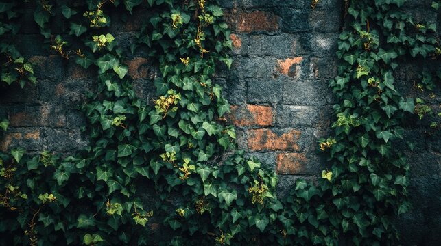 Vintage Brick Wall Covered in Curly Ivy, Gothic Architectural Detail