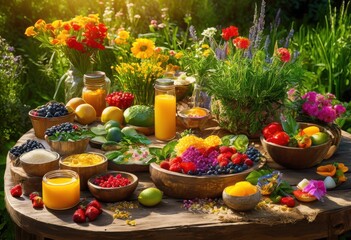 vibrant array colorful food ingredients artistically arranged natural outdoor setting capturing freshness richness, fruit, vegetable, herb, spice, flower