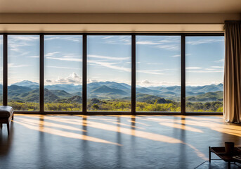 Fototapeta premium A serene room with a large window offering a stunning view of the sea, creating a peaceful and luxurious atmosphere