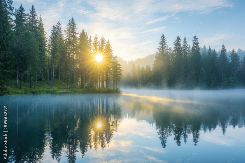 Poster a serene lake at sunrise, surrounded by tall trees and mist.