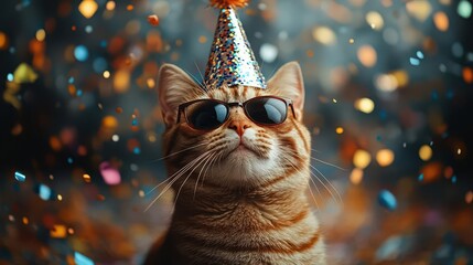 cat wearing a party hat and sunglasses exuding joy and celebration surrounded by colorful confetti ideal for a cheerful anniversary theme