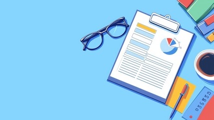 Business report with charts, glasses, pen, and coffee on a blue background.