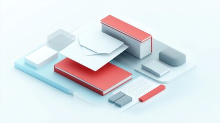 Abstract arrangement of books, paper, and envelopes in a minimalistic style.