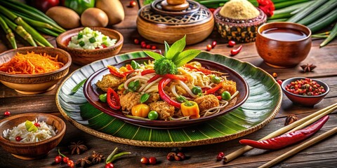 Delicate rice noodles entwined with vibrant vegetables, glistening sauces, and edible flowers, elegantly arranged on a carefully crafted plate, embodying the beauty of culinary artistry.