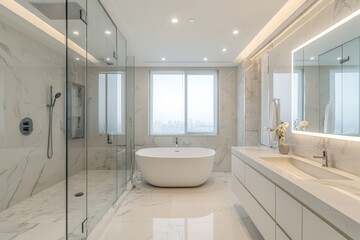 Luxurious White Bathroom Interior with Modern Bathtub, Elegant Sink, and Stylish Shower Stall