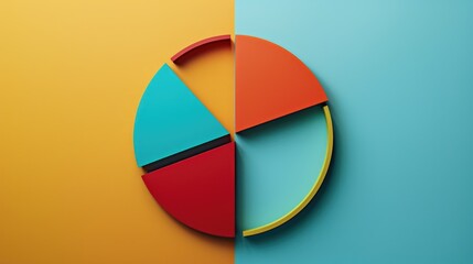 Fototapeta premium A colorful pie chart displayed on a bright blue and yellow wall, ideal for illustrations related to data analysis, business, or education
