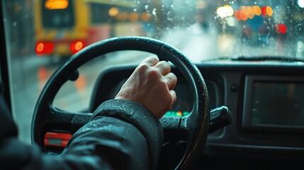 A hand on a car's steering wheel with raindrops on the windshield.