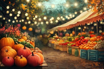 a vibrant outdoor market bustling with seasonal produce such as apples, pumpkins, and squash