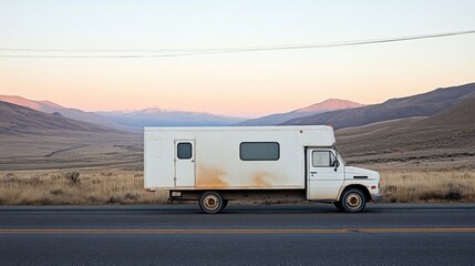 Obraz premium A vintage camper van parked along a highway with mountains in the background at sunset.