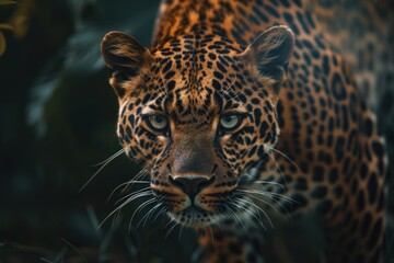 Obraz premium A close-up shot of a leopard's face amidst the foliage of a dense forest, perfect for wildlife or nature-related themes