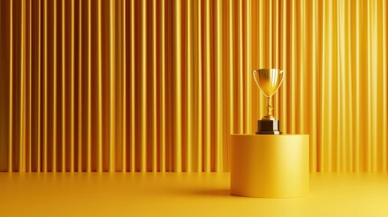 Golden trophy on a yellow pedestal with vertical striped background.