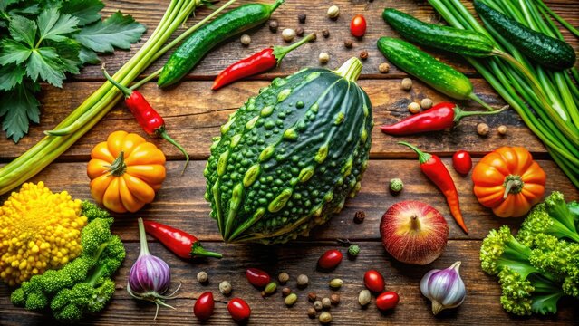 Brightly colored pointed gourd showcases its beauty on a wooden table, encircled by an assortment of fresh herbs and vegetables, bringing a vibrant touch.