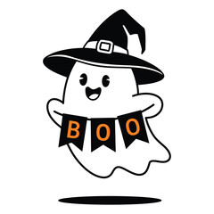 Friendly Ghost Wearing a Witch Hat with Boo Banner Illustration