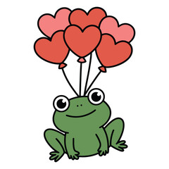 Cute frog flying with heart balloons illustration