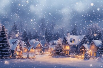 winter wonderland scene featuring softly falling snowflakes and a charming village backdrop. 