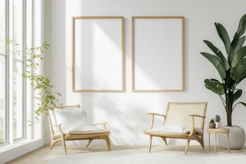 Modern Living Room Interior with Vertical Frame Mockups and Stylish Armchair