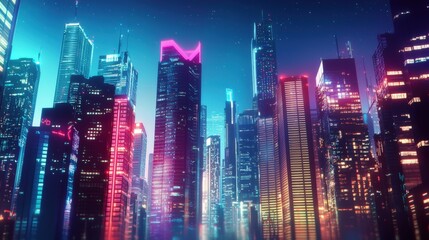 Vibrant city skyline at night showcasing illuminated buildings and futuristic architecture