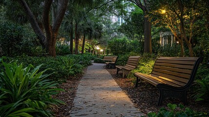 Obraz premium A serene park pathway with benches surrounded by lush greenery and soft lighting.