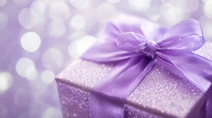 A sparkling purple gift box adorned with a bow, set against a soft, blurred background.