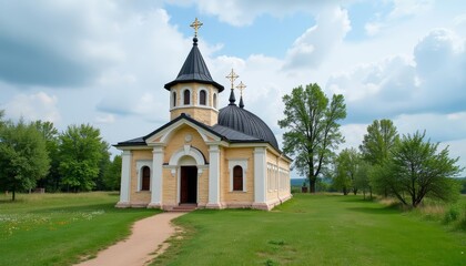 Fototapeta premium Peaceful rural church under a clear sky