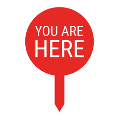 Round map pin with the text "You are here". Simple red location marker isolated on white background