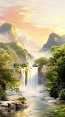 Majestic cascading waterfall in a serene jungle landscape at dawn