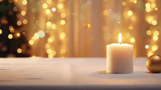 White candle is burning on a table with a golden christmas bauble near it, creating a cozy and festive atmosphere with christmas lights in the background