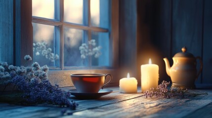 Warm and Cozy Home Still Life with Tea, Candles, and Teapot
