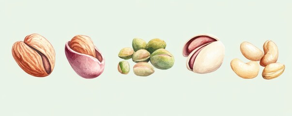 Watercolor painting set of nuts,pistachios,Almond,cashew nuts,hazelnut,Different types of nut isolated,food clipart,Macro concept of nuts and seeds,nut collection,space for text.