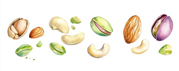 Watercolor painting set of nuts,pistachios,Almond,cashew nuts,hazelnut,Different types of nut isolated,food clipart,Macro concept of nuts and seeds,nut collection,space for text.