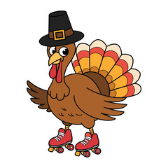 Turkey Roller Skating in Pilgrim Hat – Fun Thanksgiving Cartoon Illustration