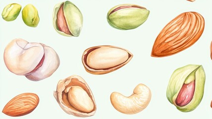 Watercolor painting set of nuts,pistachios,Almond,cashew nuts,hazelnut,Different types of nut isolated,food clipart,Macro concept of nuts and seeds,nut collection,space for text.