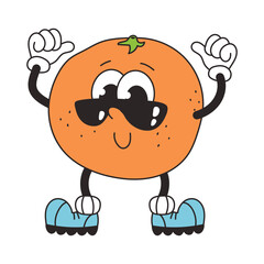 Retro groovy character funny orange in sunglasses. Funny vintage mascot vector element. Food, fruits. Cartoon vector illustration